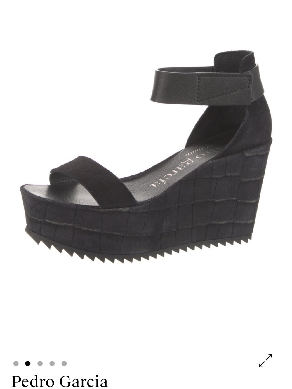 Pedro Garcia Black Suede Croc-Textured Platform Wedge Sandal. Made in Spain.